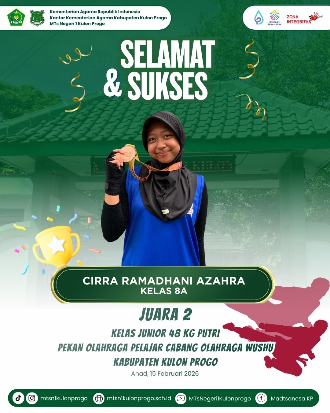 Prestasi Membanggakan, Dua Siswa MTsN 1 Kulon Progo Raih Peringkat di POPDA Wushu