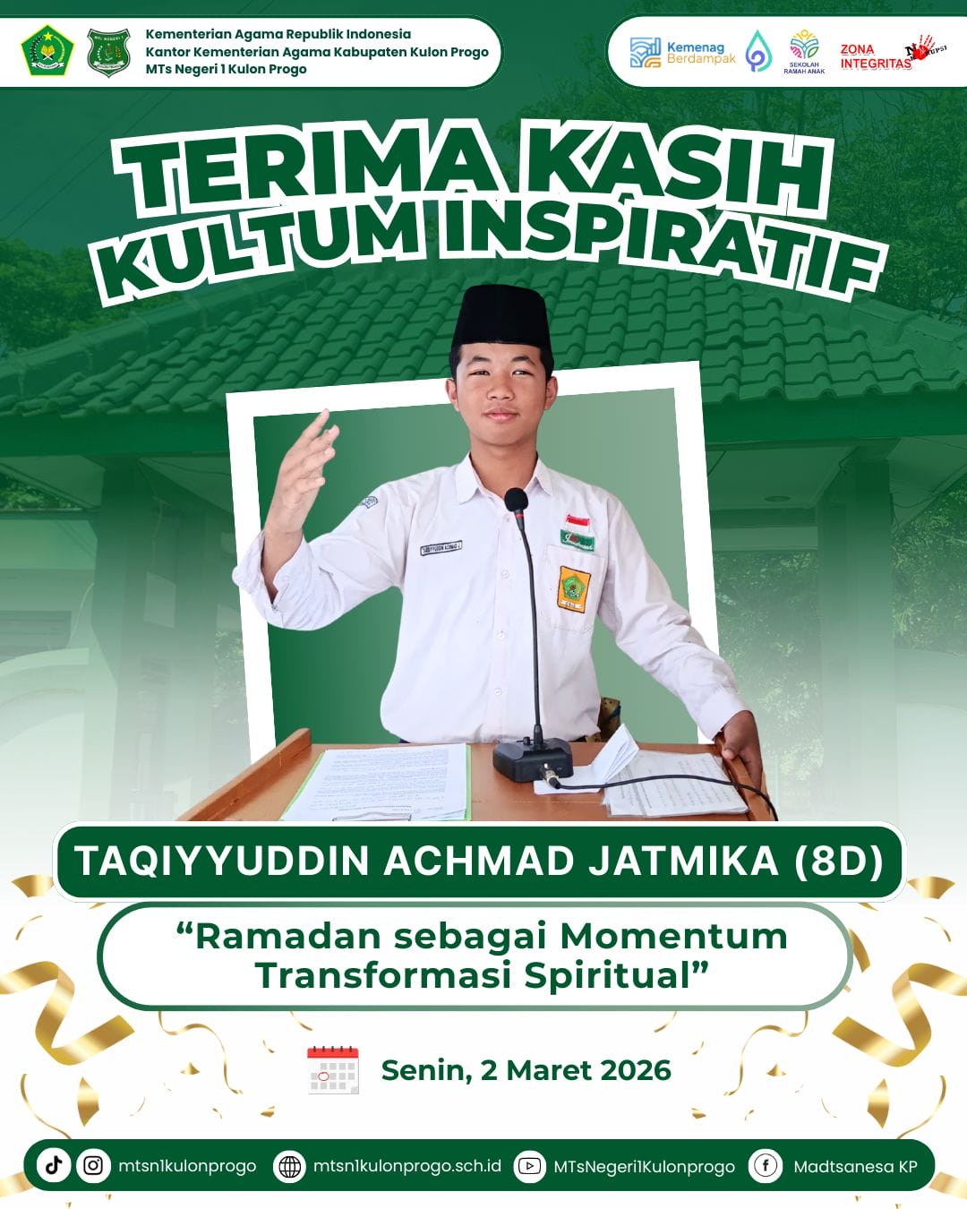Kultum MTsN 1 Kulon Progo: Ramadan Saat Tepat Tingkatkan Kualitas Spiritual